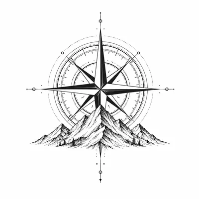 fine line compass tattoo design, black linework flash