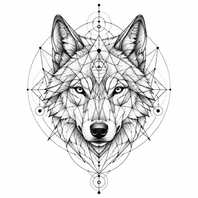 geometric wolf tattoo design, black linework flash