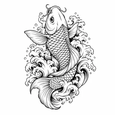 japanese koi tattoo design, black linework flash