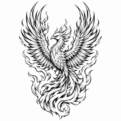 neo traditional phoenix tattoo design, black linework flash