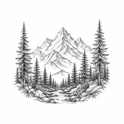 fine line mountains tattoo design, black linework flash
