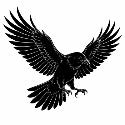blackwork raven tattoo design, black linework flash