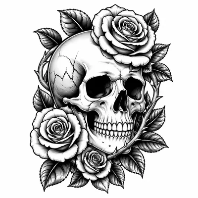 neo traditional skull tattoo design, black linework flash