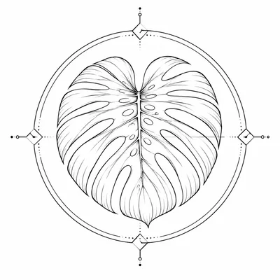 geometric monstera tattoo design, black linework flash