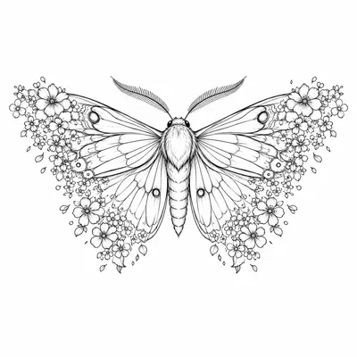 fine line moth tattoo design, black linework flash