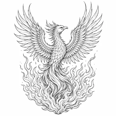 fine line phoenix tattoo design, black linework flash