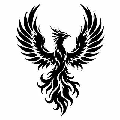 blackwork phoenix tattoo design, black linework flash