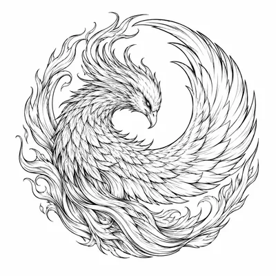 fine line phoenix tattoo design, black linework flash