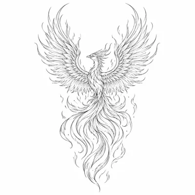 fine line phoenix tattoo design, black linework flash