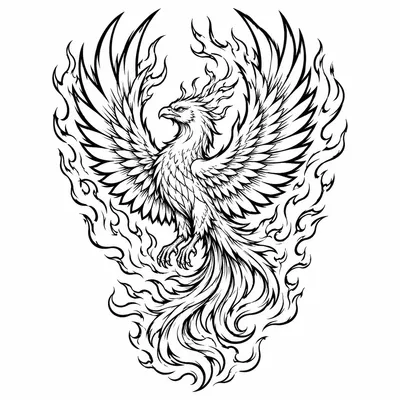 blackwork phoenix tattoo design, black linework flash
