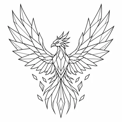 geometric phoenix tattoo design, black linework flash