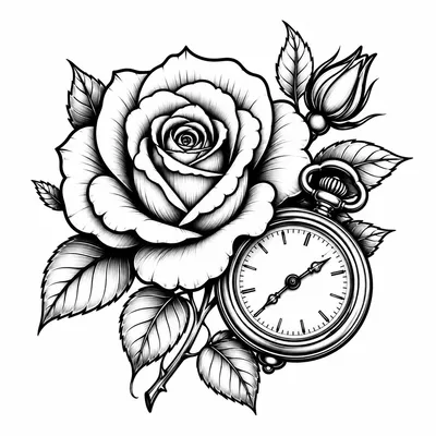 neo traditional rose tattoo design, black linework flash