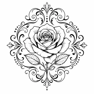ornamental rose tattoo design, black linework flash
