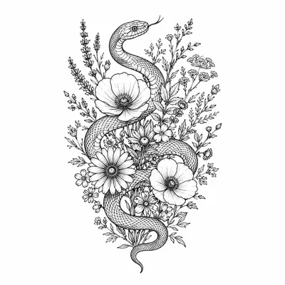 fine line snake tattoo design, black linework flash