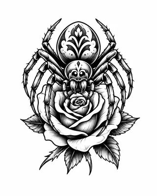 neo traditional spider tattoo design, black linework flash