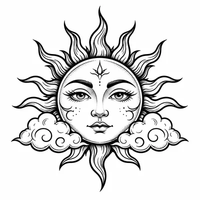 neo traditional sun tattoo design, black linework flash