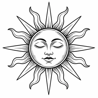 traditional sun tattoo design, black linework flash
