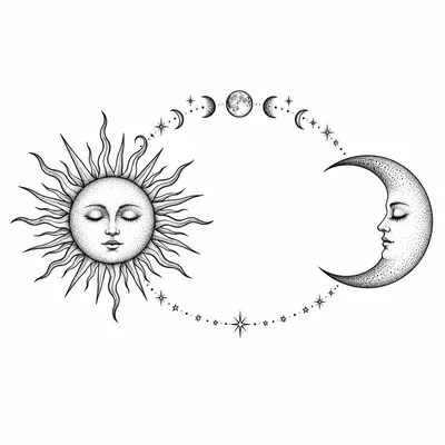 dotwork sun and moon tattoo design, black linework flash