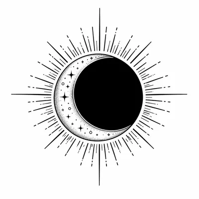 blackwork sun and moon tattoo design, black linework flash