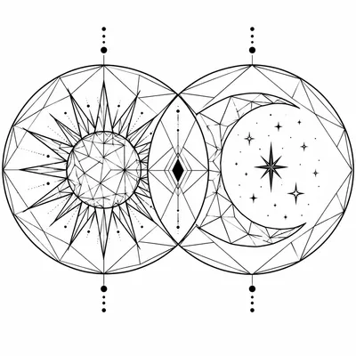 geometric sun and moon tattoo design, black linework flash