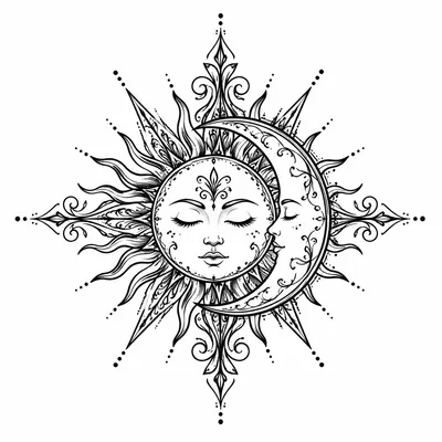 ornamental sun and moon tattoo design, black linework flash