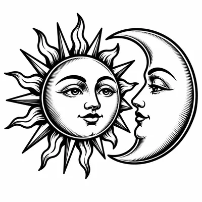 traditional sun and moon tattoo design, black linework flash