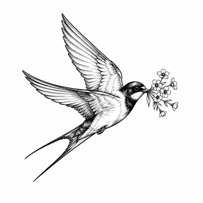 fine line swallow tattoo design, black linework flash