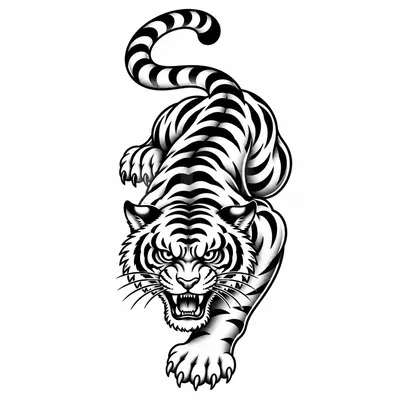 traditional tiger tattoo design, black linework flash