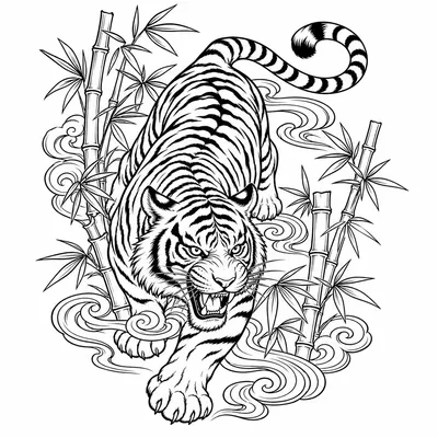 neo traditional tiger tattoo design, black linework flash