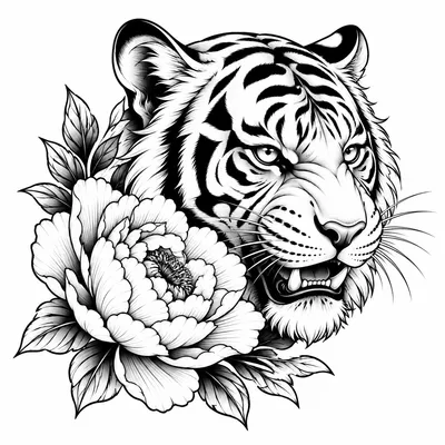 neo traditional tiger tattoo design, black linework flash