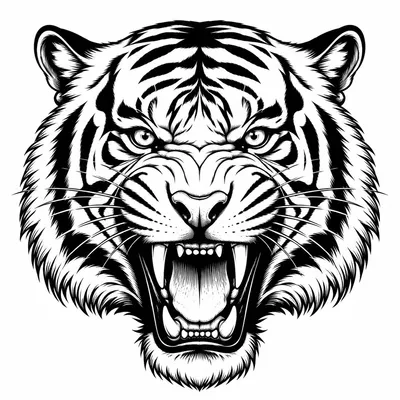 blackwork tiger tattoo design, black linework flash
