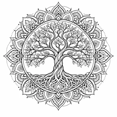 geometric tree-of-life tattoo design, black linework flash