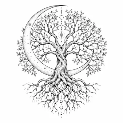 fine line tree-of-life tattoo design, black linework flash