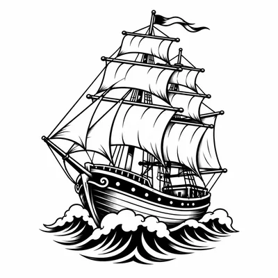 american traditional ship tattoo design, black linework flash