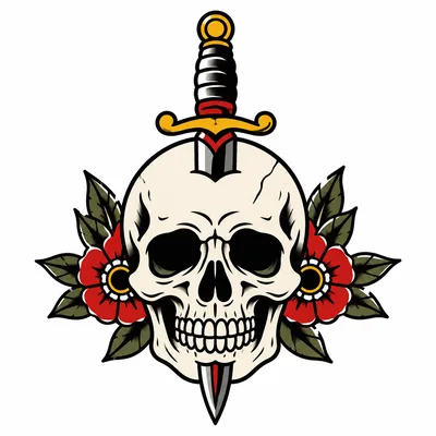 american traditional skull tattoo design, black linework flash
