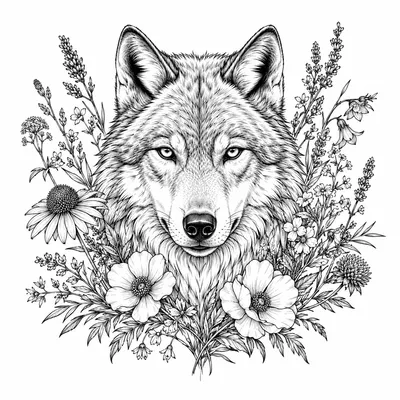 fine line wolf tattoo design, black linework flash