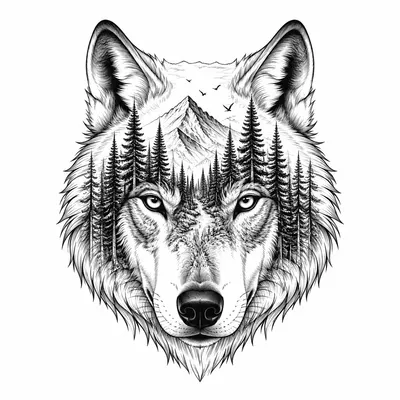 fine line wolf tattoo design, black linework flash
