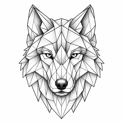 geometric wolf tattoo design, black linework flash