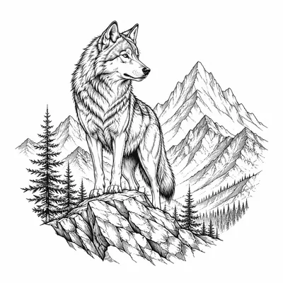 fine line wolf tattoo design, black linework flash