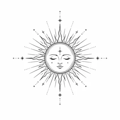 fine line sun tattoo design, black linework flash