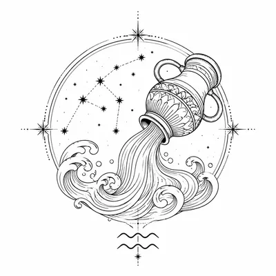 fine line aquarius tattoo design, black linework flash