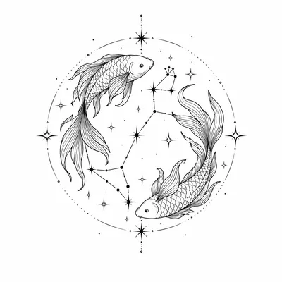 fine line pisces tattoo design, black linework flash