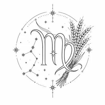 fine line virgo tattoo design, black linework flash