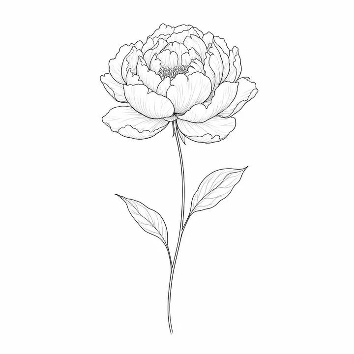 Generated design: a single peony flower on a long thin stem with two leaves
