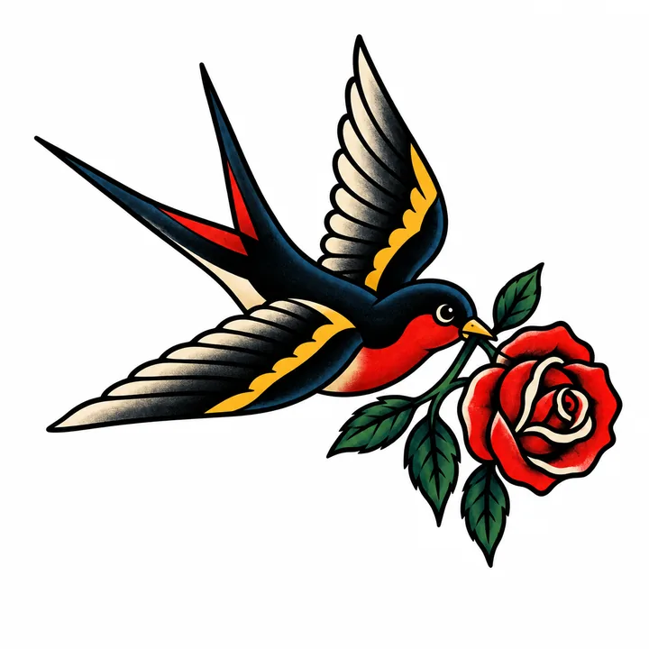 Generated design: a swallow carrying a red rose
